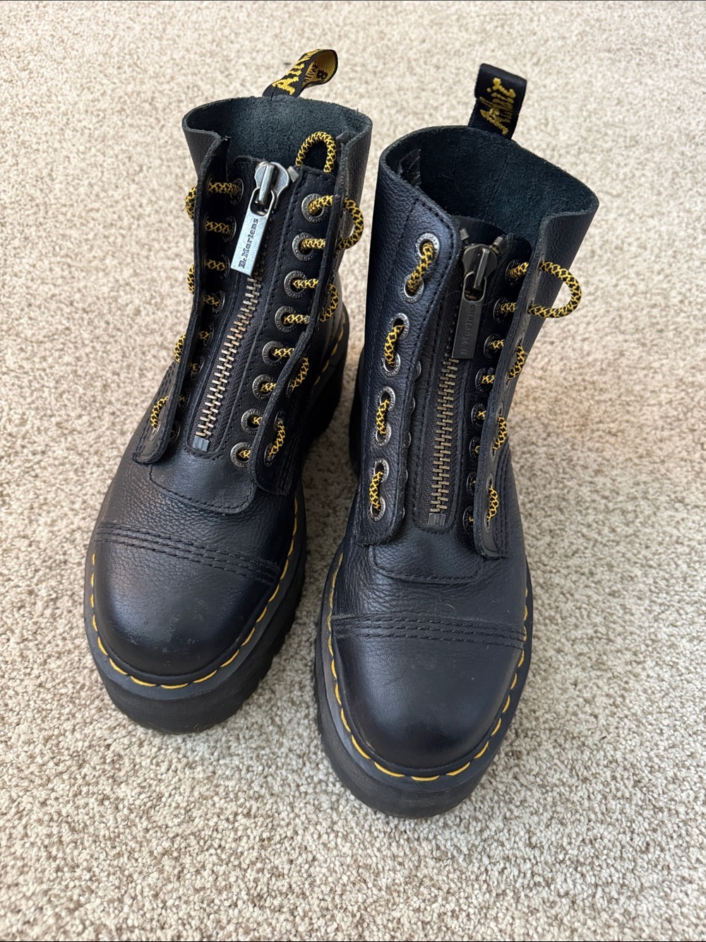 Dr. Martens Black Leather Combat Boots with Yellow Stitching